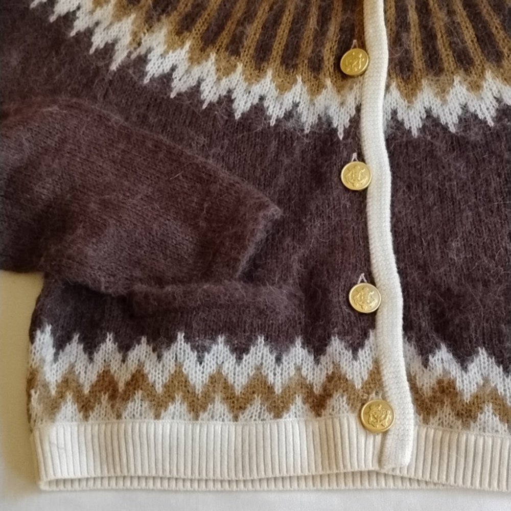 J Crew Brushed Yarn Fair Isle Cardigan Crop Sweater S Brown Cream Mohair - Picture 8 of 10
